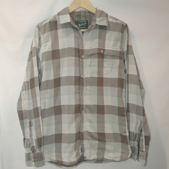 Woolrich Organic Cotton Button Front Plaid Shirt Small S Gray Brown Neutral - Picture 2 of 8